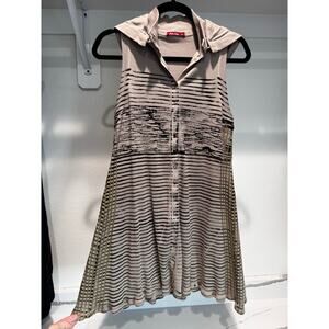 Barbara Lesser Small Sleeveless‎ Collared Tunic Top Beige Black Stripe Boho Chic